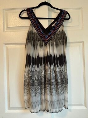 Lavender Brown Black and White Beaded V-Neck Mini Dress